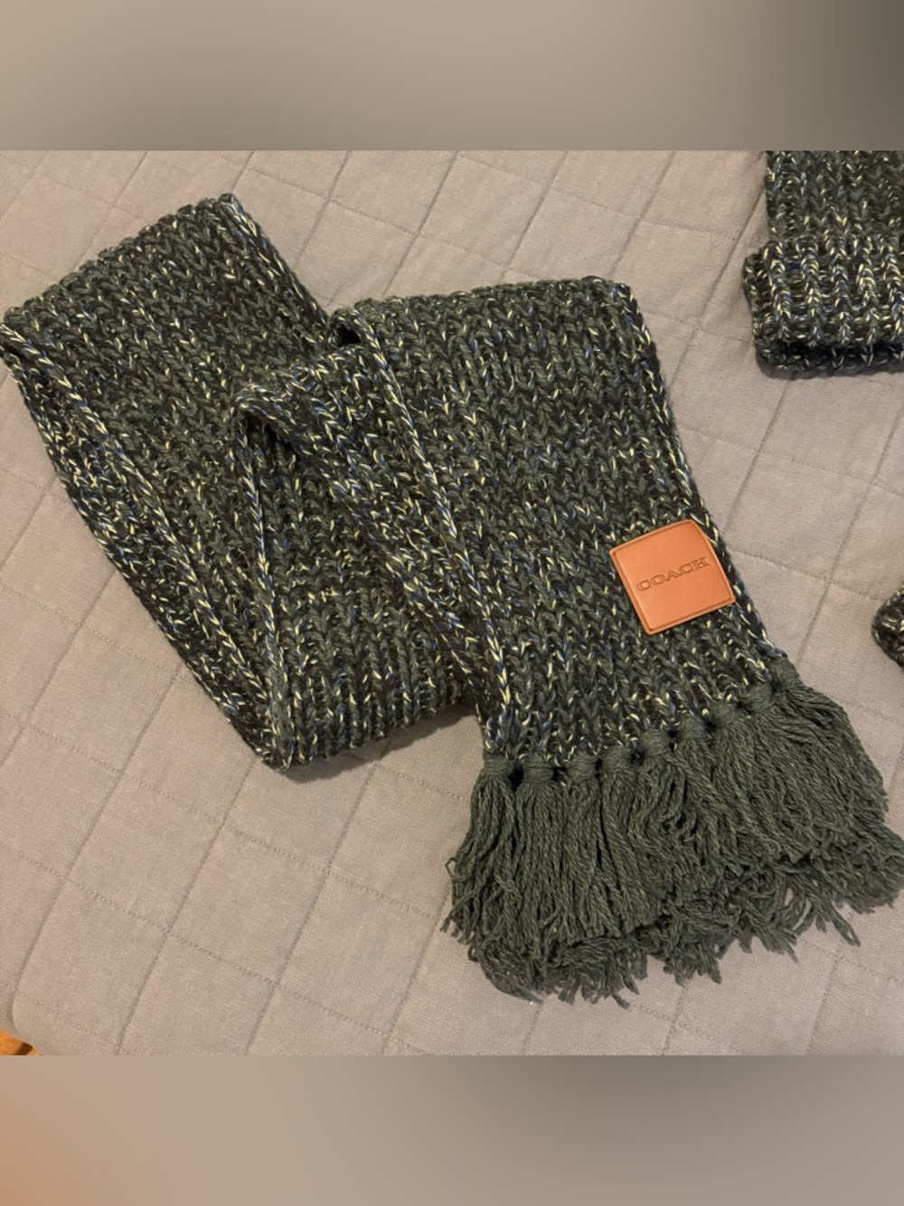 COACH Olive Green Knit Pom Beanie, Scarf & Mittens Trio - Picture 2 of 5